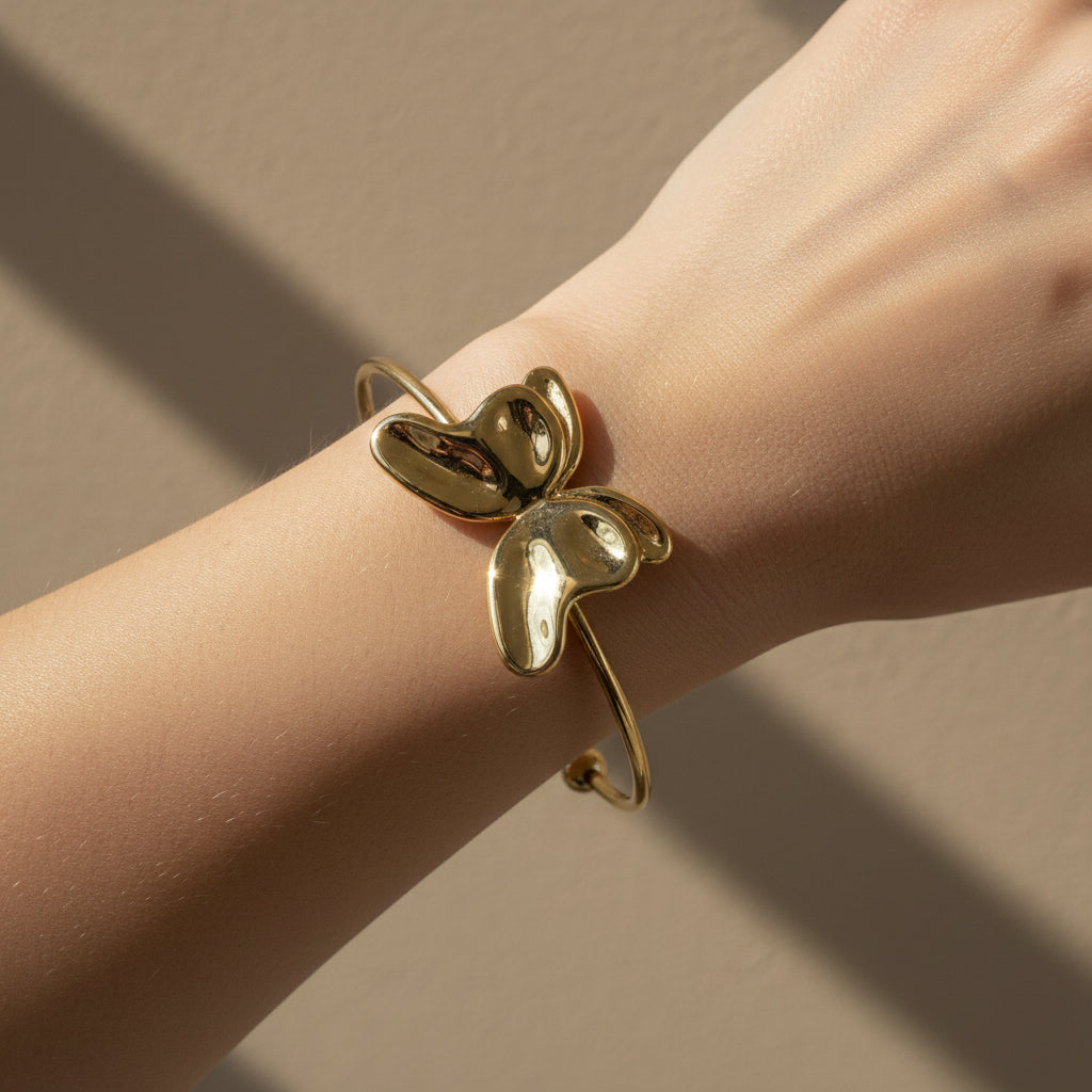Gold butterfly bangle, waterproof floral jewelry, 18K gold plated cuff, anti-tarnish organic bracelet, nature-inspired gold jewelry.
