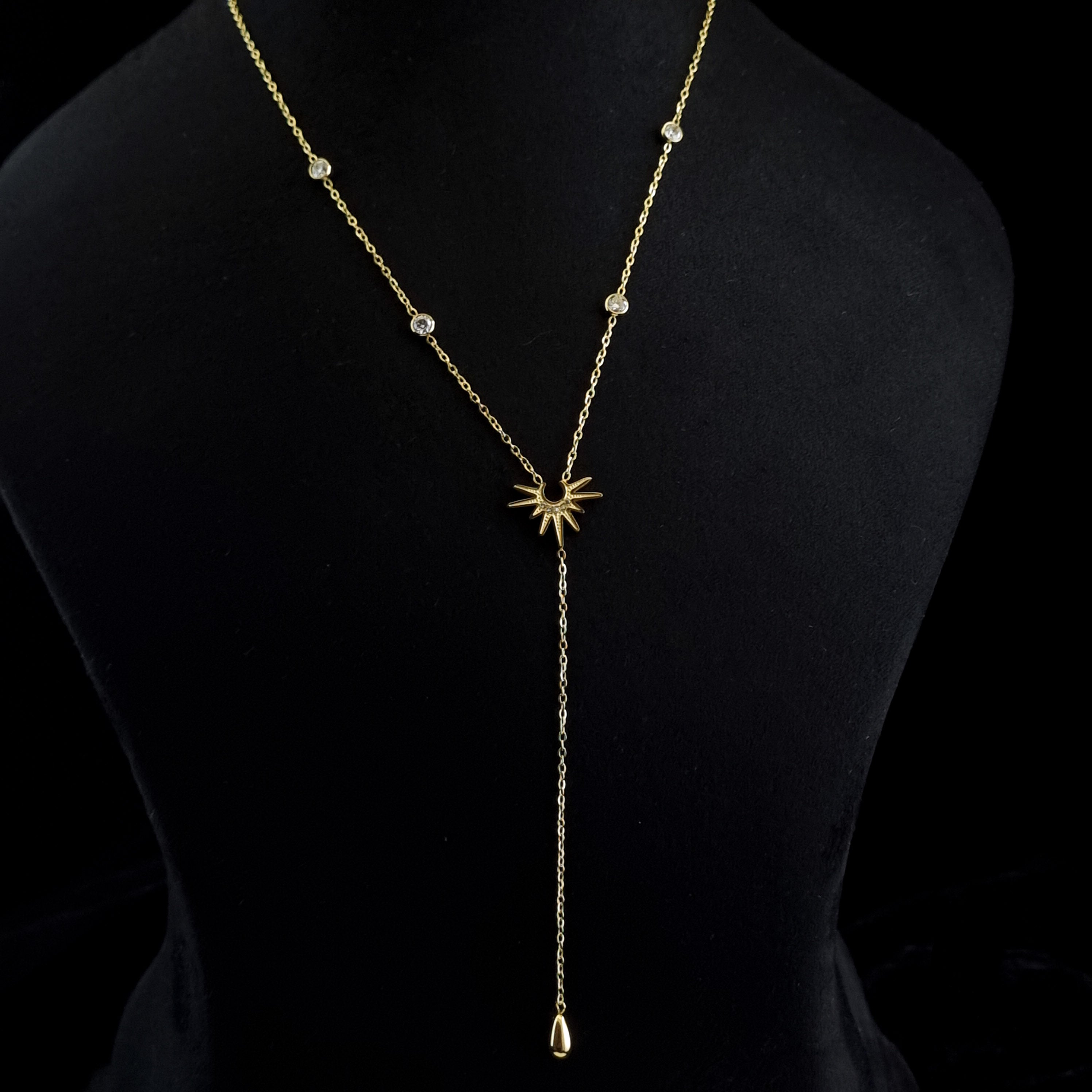 Gold lariat necklace, starburst pendant, 18K gold plated jewelry, waterproof gold necklace, anti-tarnish celestial jewelry.