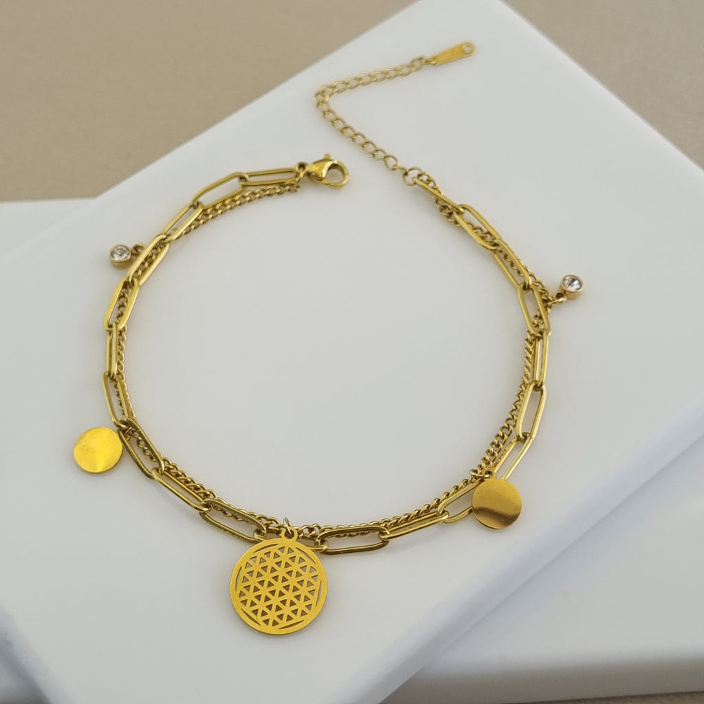 Spiritual jewelry for women, gold coin anklet, boho chic accessories, tarnish-resistant gold jewelry, adjustable charm anklet.