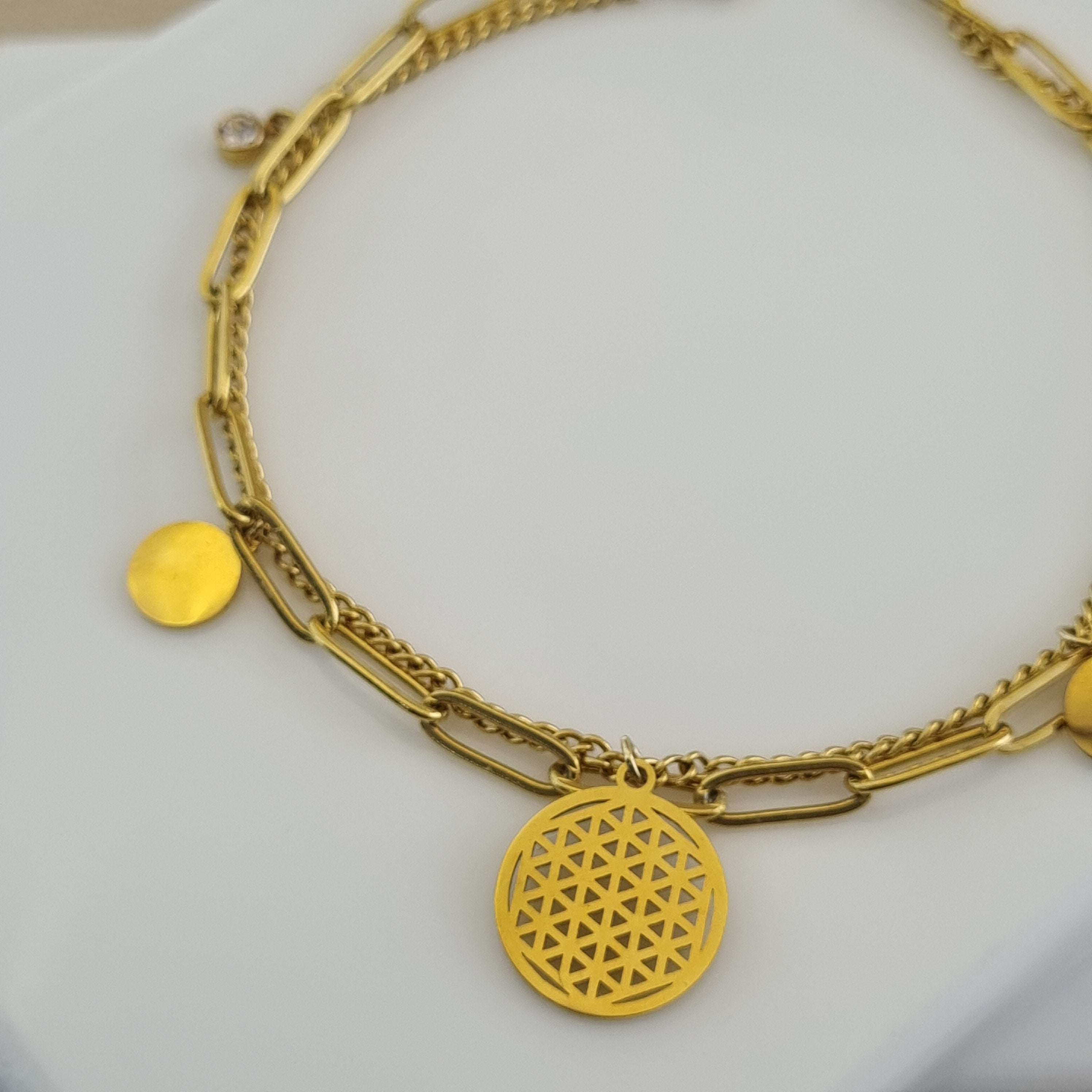 Flower of Life anklet, sacred geometry jewelry, layered gold anklet, 18K gold plated foot jewelry, paperclip chain anklet.