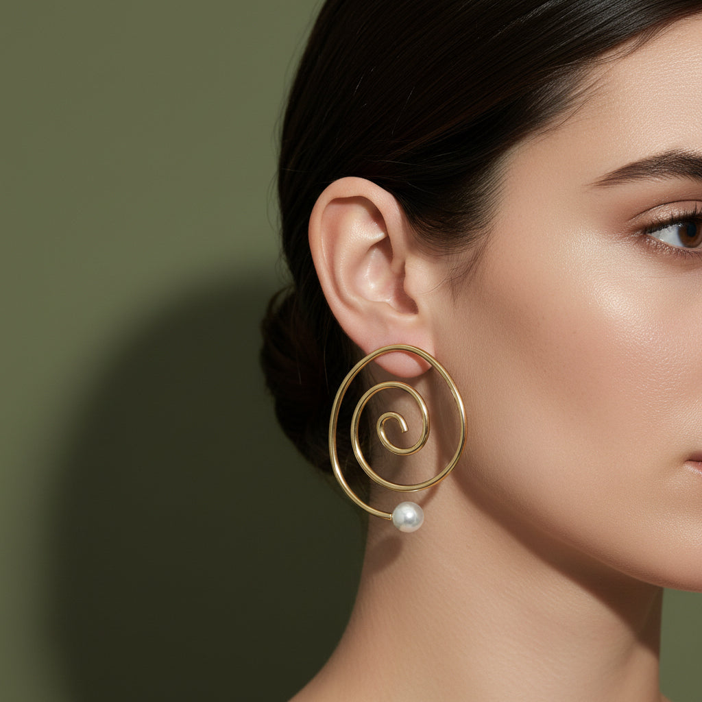A woman with her hair in a bun wearing a large, 18K gold-plated spiral hoop earring featuring a single white pearl drop at the end of the coil.