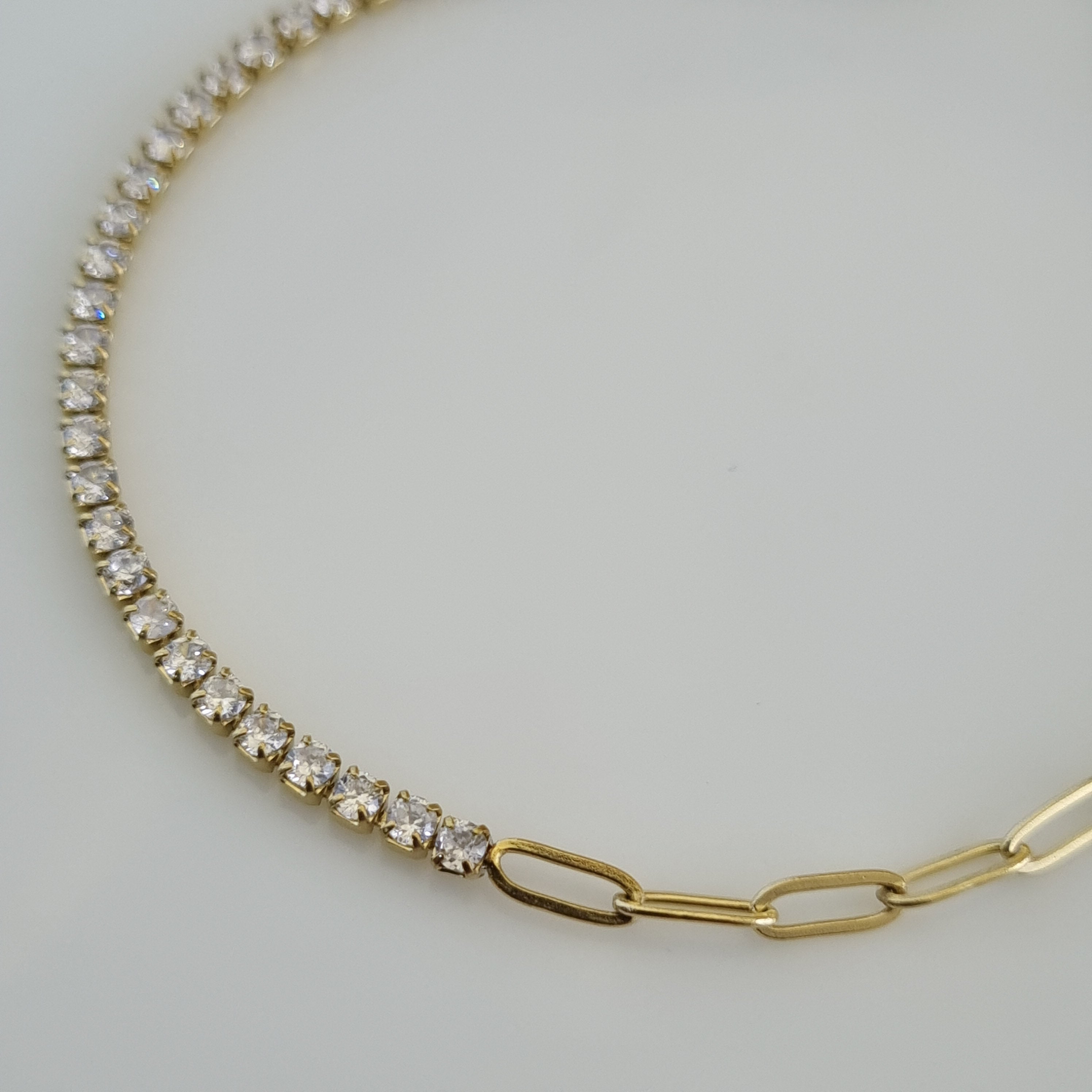 Hybrid gold bracelet, anti-tarnish tennis bracelet, paperclip link bracelet, waterproof 18K gold jewelry, tarnish-resistant crystal bracelet.