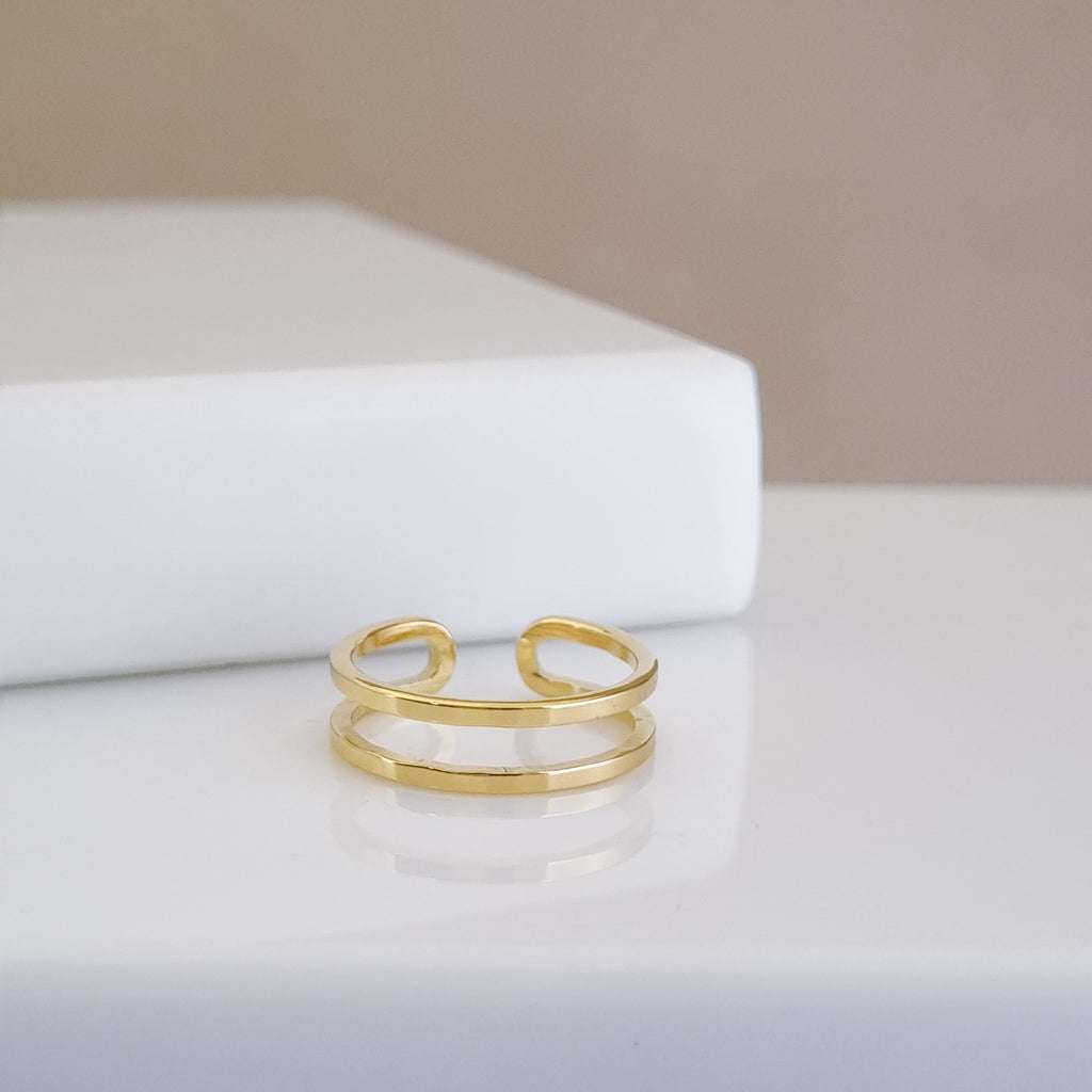 Adjustable gold ring, 18K gold plated duo band, waterproof minimalist jewelry, anti-tarnish parallel ring, architectural gold rings.