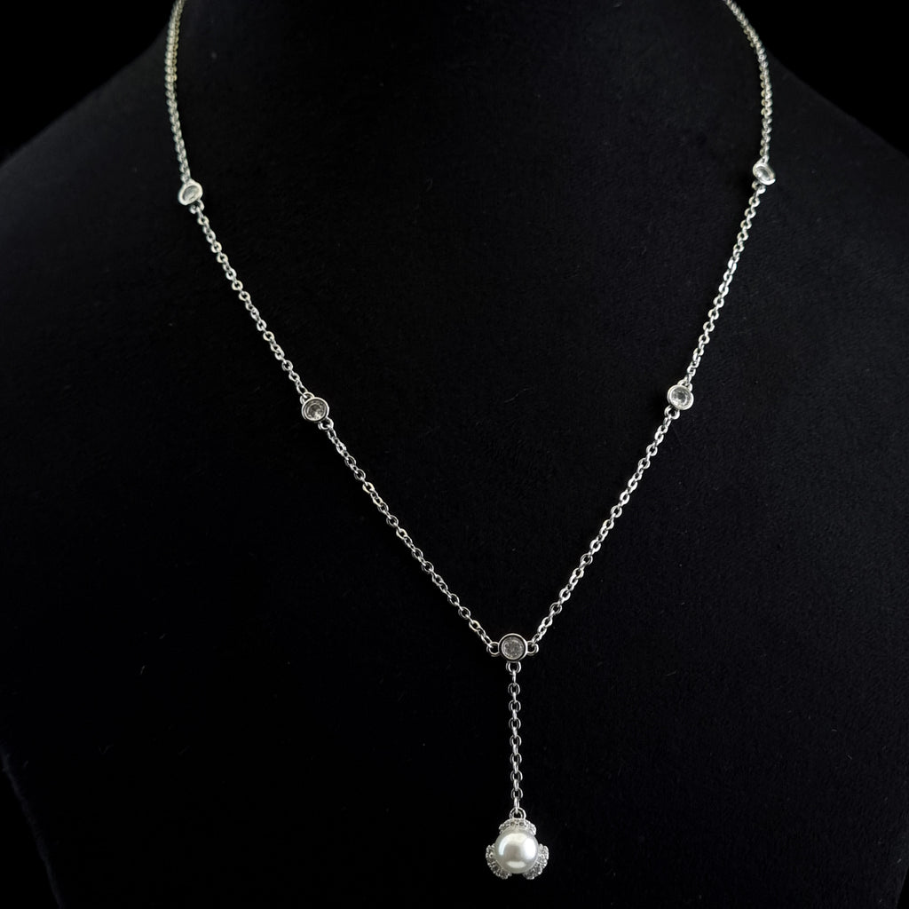 Pearl lariat necklace, halo pearl pendant, waterproof silver-tone jewelry, anti-tarnish pearl necklace, modern lariat chain.