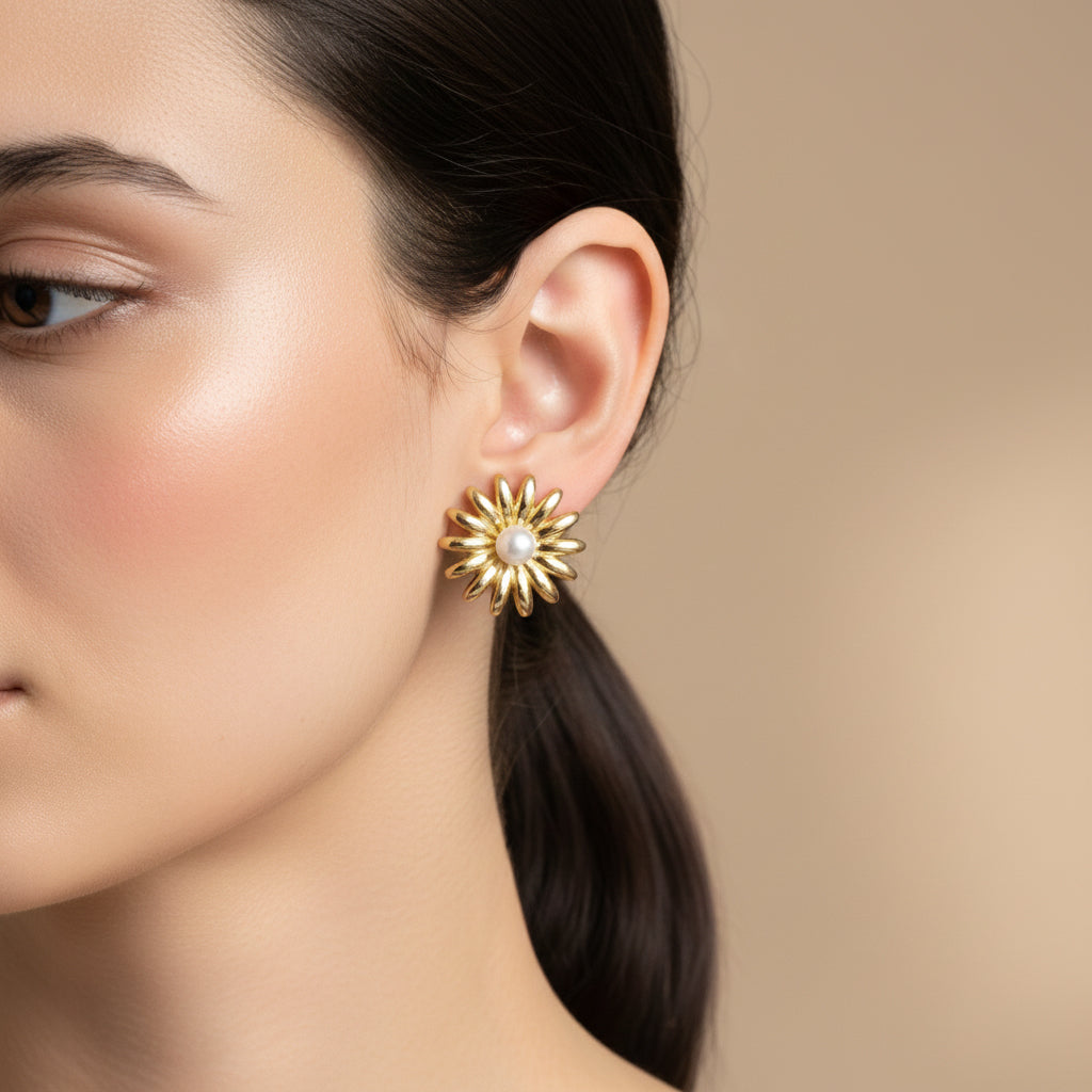 A woman wearing a gold-plated Solaris Sunburst earring featuring a central pearl surrounded by golden rays, set against a soft green background.