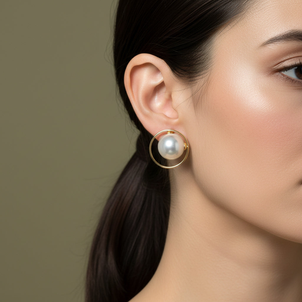 A woman with a sleek ponytail wearing large, 18K gold-plated stud earrings featuring a large white pearl centered inside a thin golden halo.