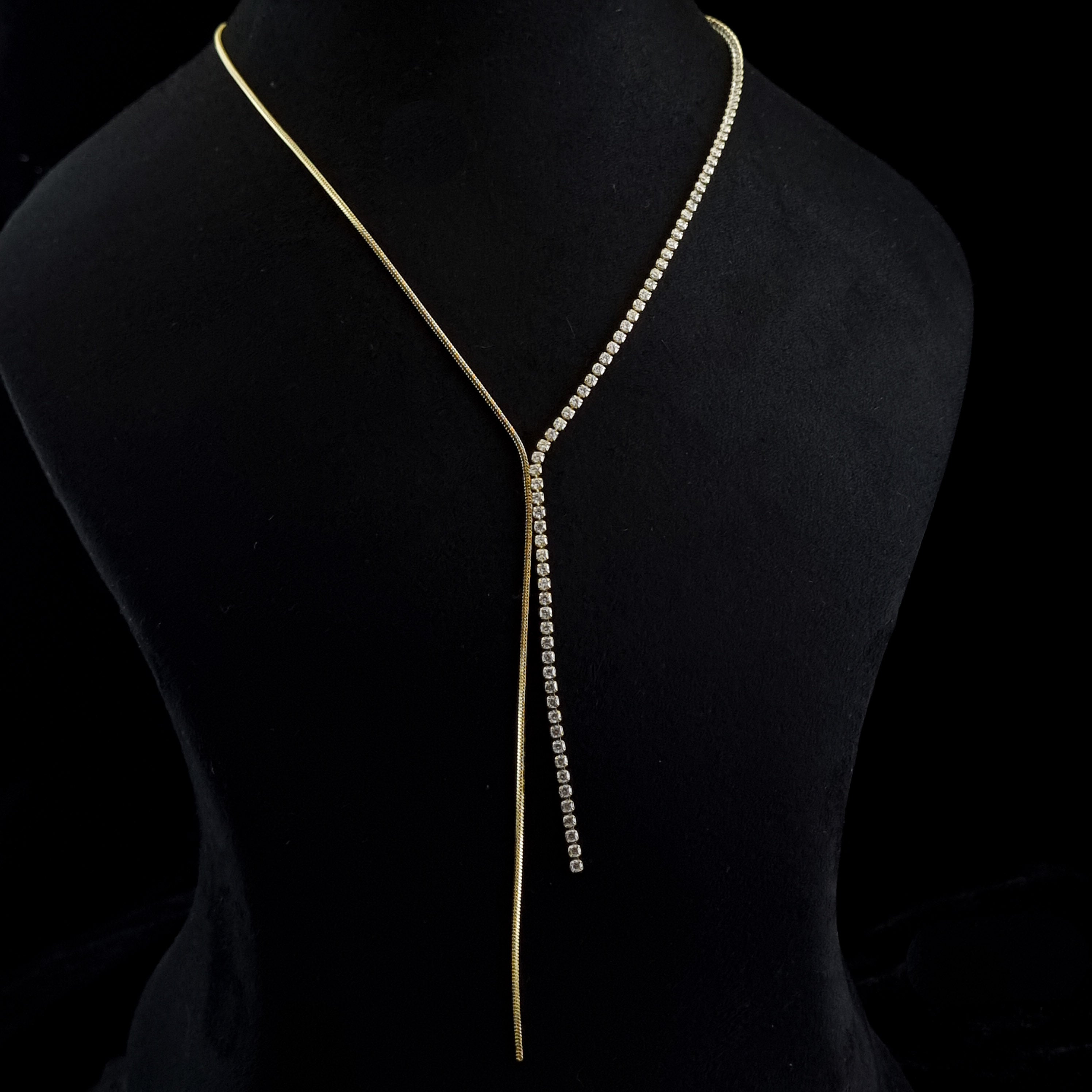 Gold tennis lariat, crystal drop necklace, 18K gold plated tennis chain, waterproof pavé jewelry, anti-tarnish lariat necklace.