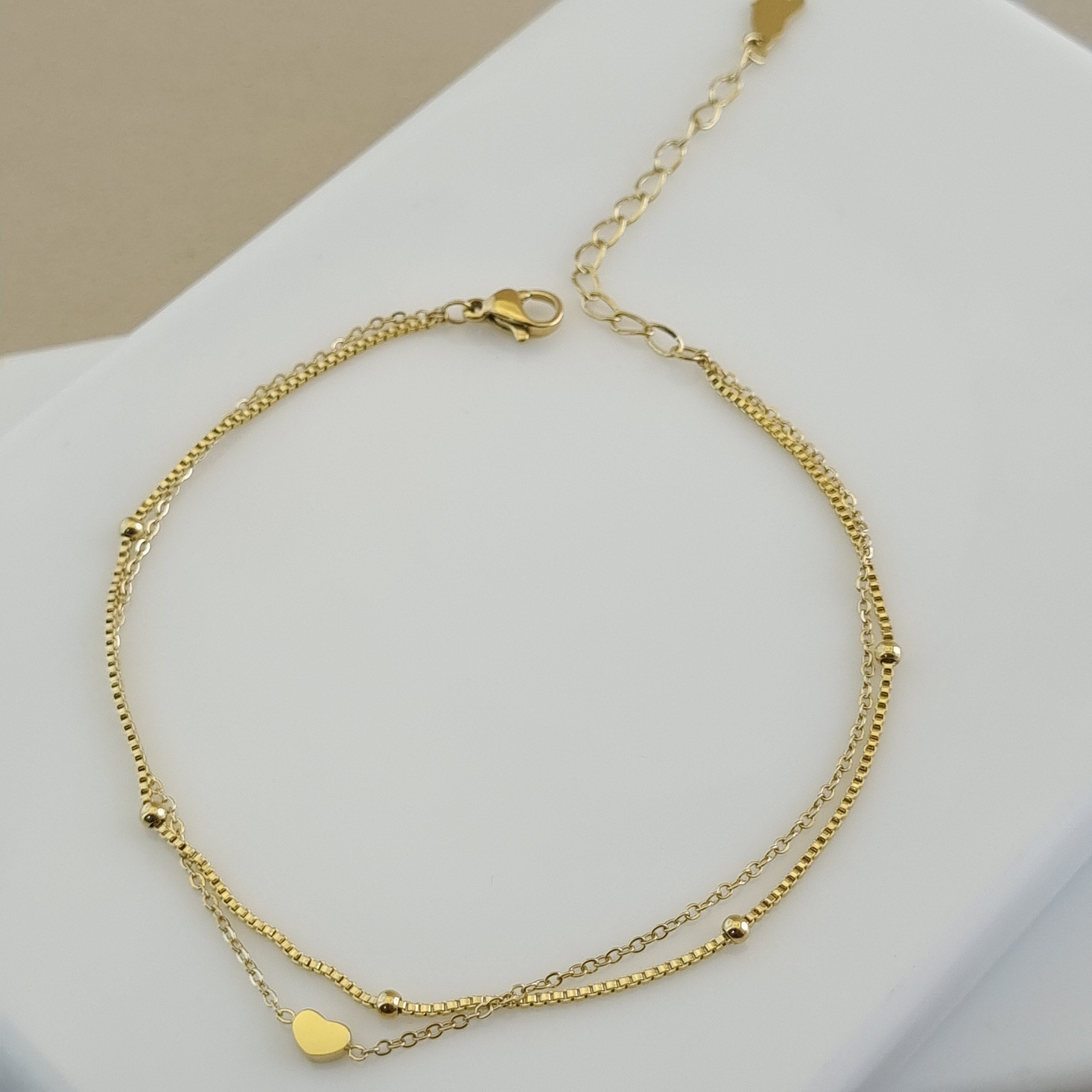 Minimalist gold anklet, summer jewelry essentials, dainty heart foot jewelry, adjustable gold anklet, hypoallergenic jewelry.