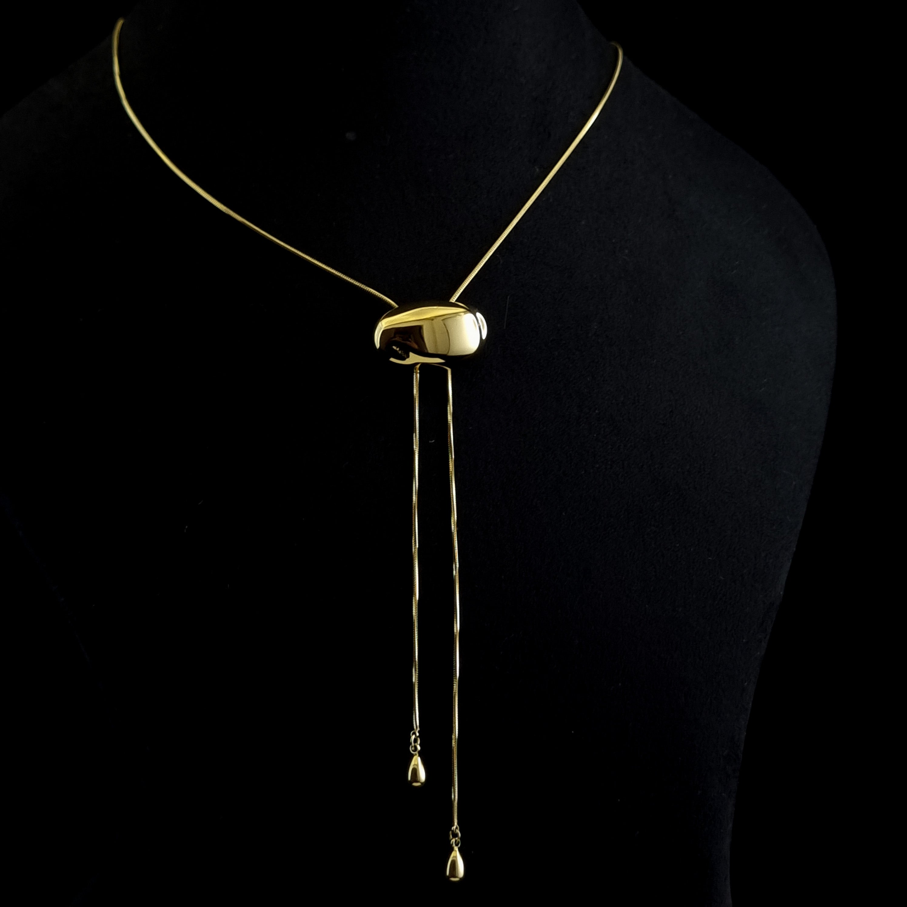 Gold bolo lariat, adjustable orb necklace, 18K gold plated jewelry, waterproof gold lariat, anti-tarnish sculptural necklace.