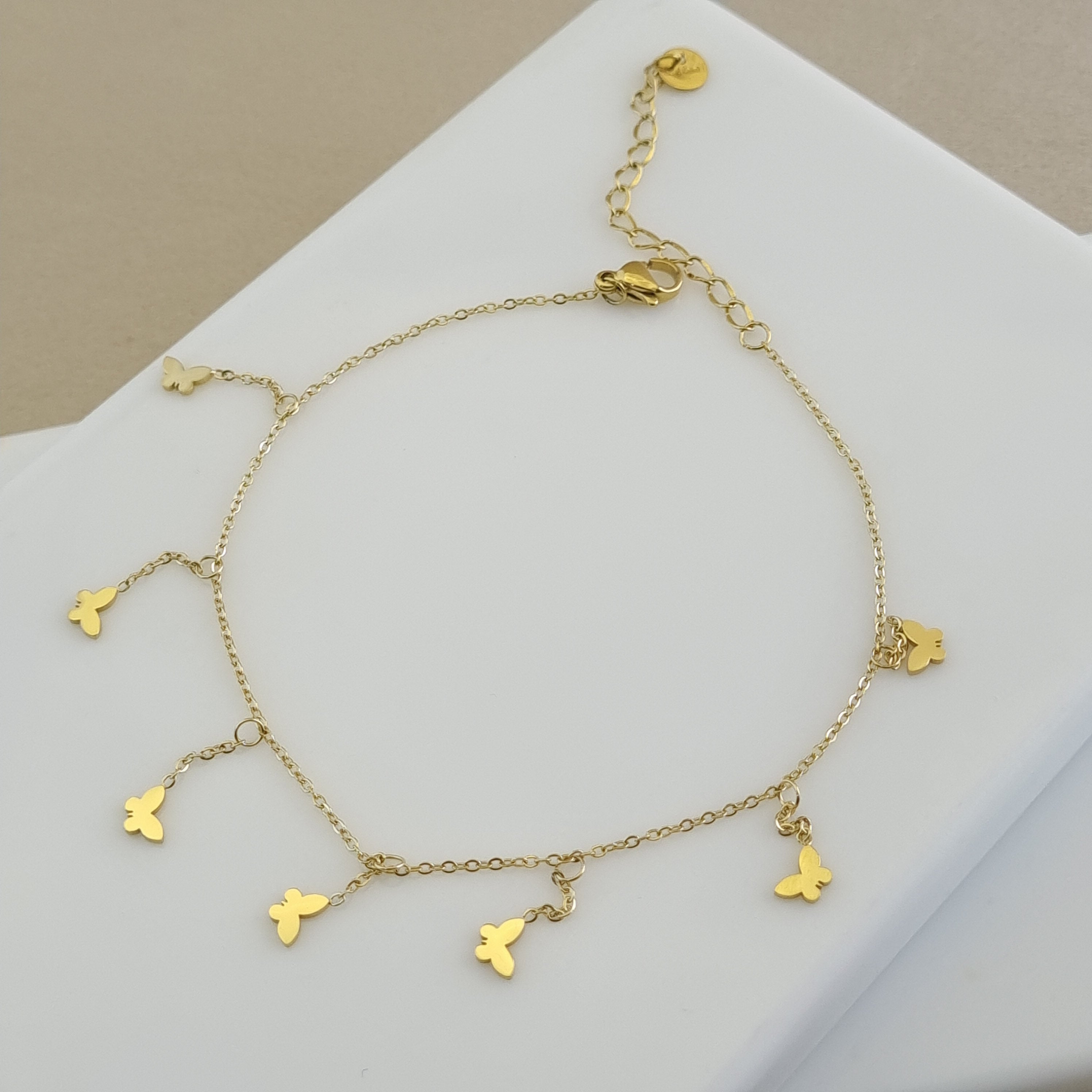 Multi-charm gold anklet, summer aesthetic jewelry, dainty butterfly anklet, adjustable gold anklet, hypoallergenic summer accessories.