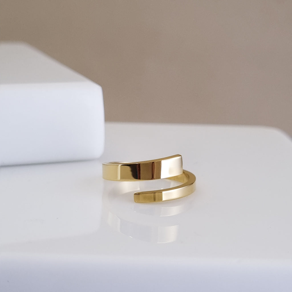 Adjustable wide gold ring, 18K gold plated wrap ring, waterproof minimalist jewelry, anti-tarnish geometric ring, architectural gold rings.