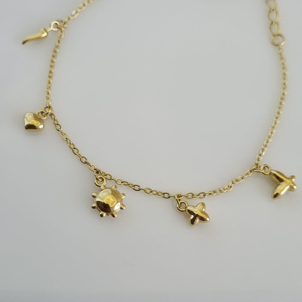 Whimsical Charm Bracelet, 18K gold plated charm jewelry, waterproof sun and heart bracelet, anti-tarnish gold charms, Treshire Celestial jewelry.