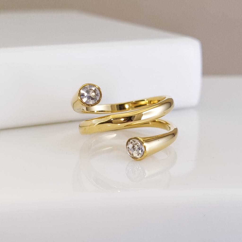 Adjustable gold wrap ring, 18K gold plated spiral ring, waterproof minimalist jewelry, anti-tarnish crystal ring, architectural gold rings.