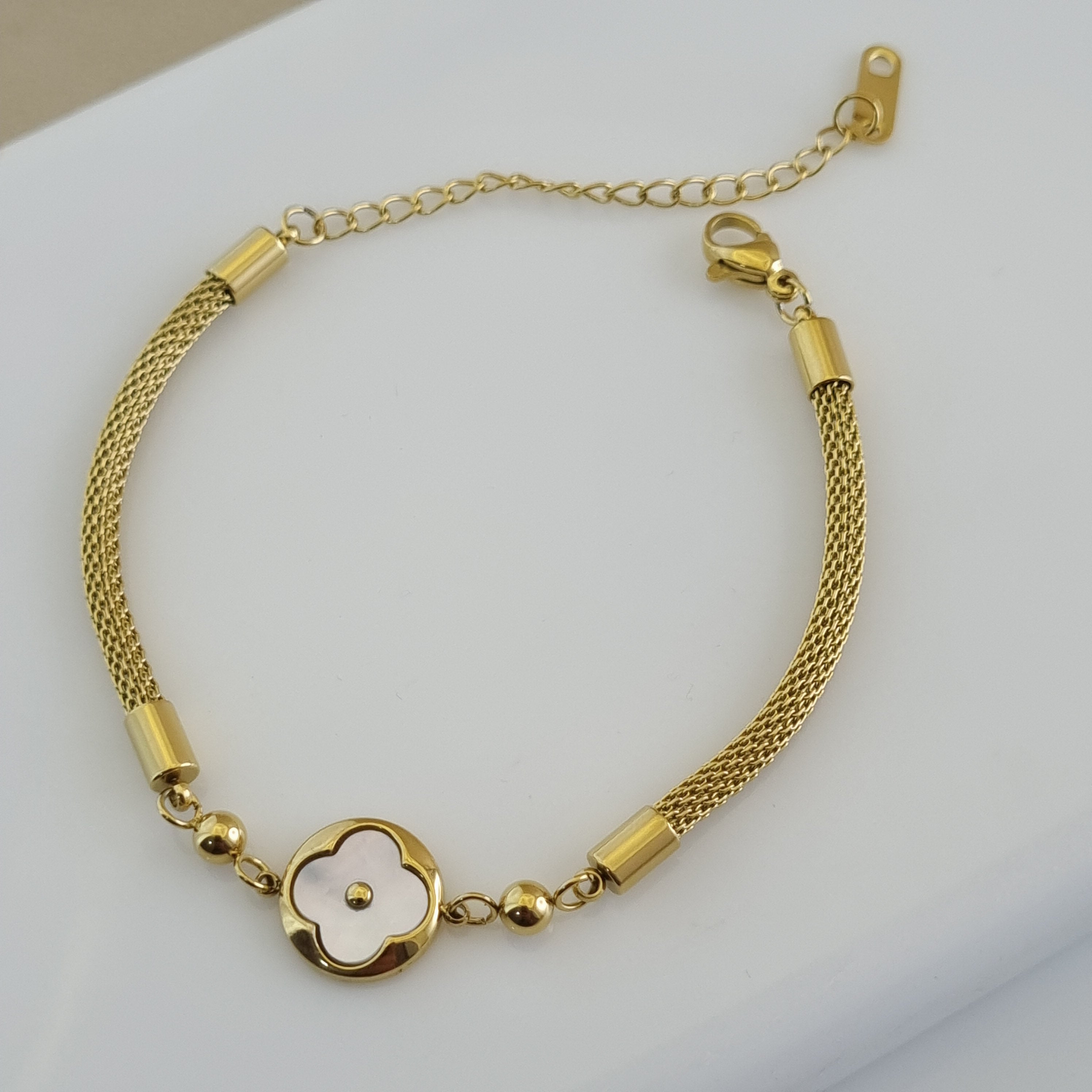 Mother of Pearl clover bracelet, waterproof gold mesh jewelry, 18K gold plated floral bracelet, anti-tarnish jewelry, Treshire Serene Bloom.