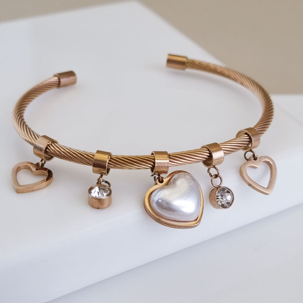 Heart & Pearl Twisted Cable Cuff – Anti-Tarnish, 18K Rose Gold Plated & Waterproof