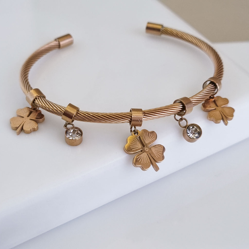Four-Leaf Clover Cable Cuff – Anti-Tarnish, 18K Rose Gold Plated & Waterproof