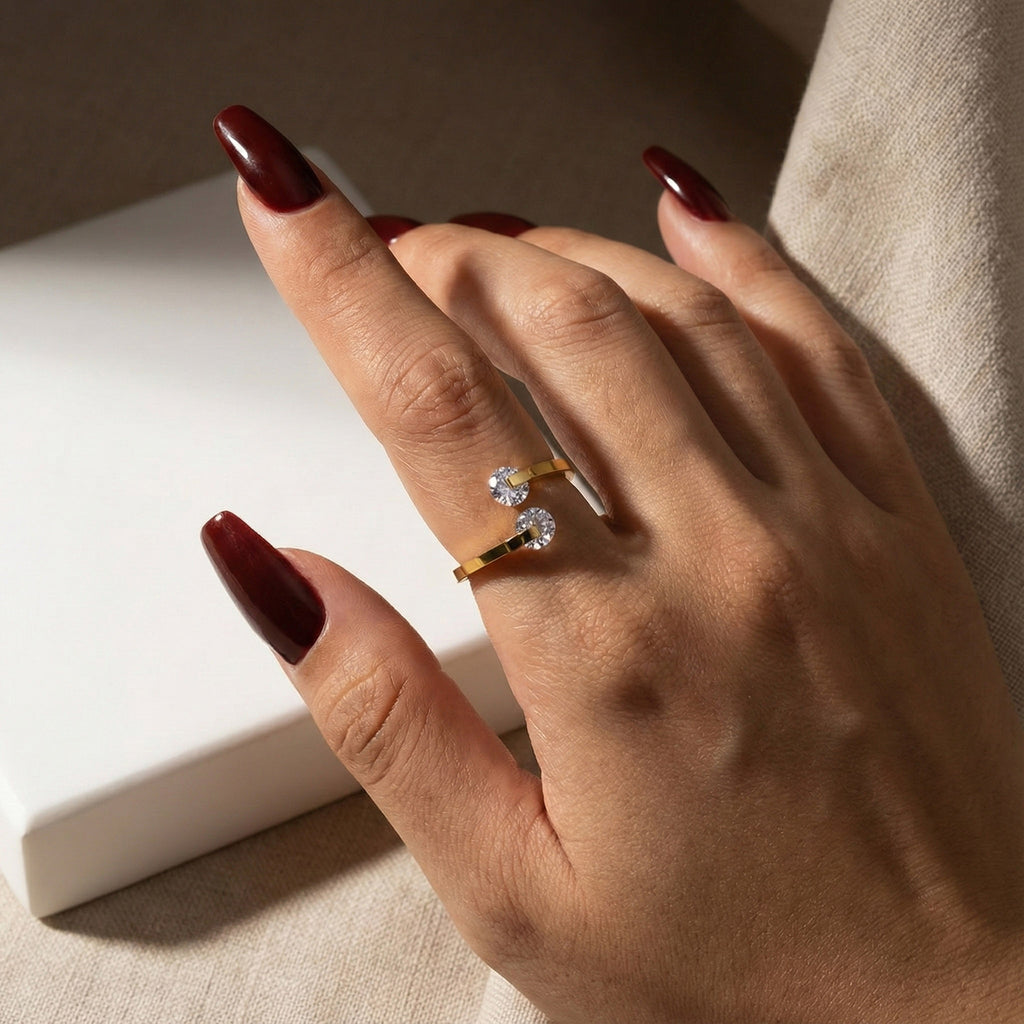 Adjustable gold ring, 18K gold plated bypass ring, waterproof jewelry, anti-tarnish crystal ring, hypoallergenic gold rings.