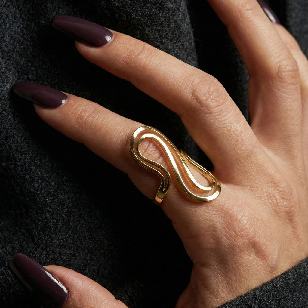Adjustable gold statement ring, 18K gold plated wave ring, waterproof sculptural jewelry, anti-tarnish architectural ring, hypoallergenic gold rings.