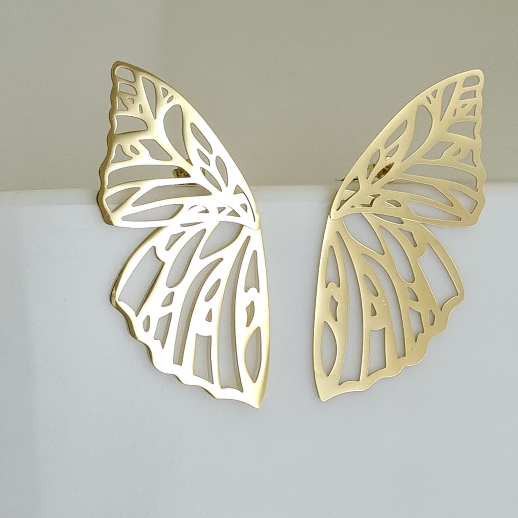 18K gold-plated wing earrings, waterproof gold studs, anti-tarnish butterfly jewelry, hypoallergenic statement earrings, filigree gold jewelry, architectural wing earrings.