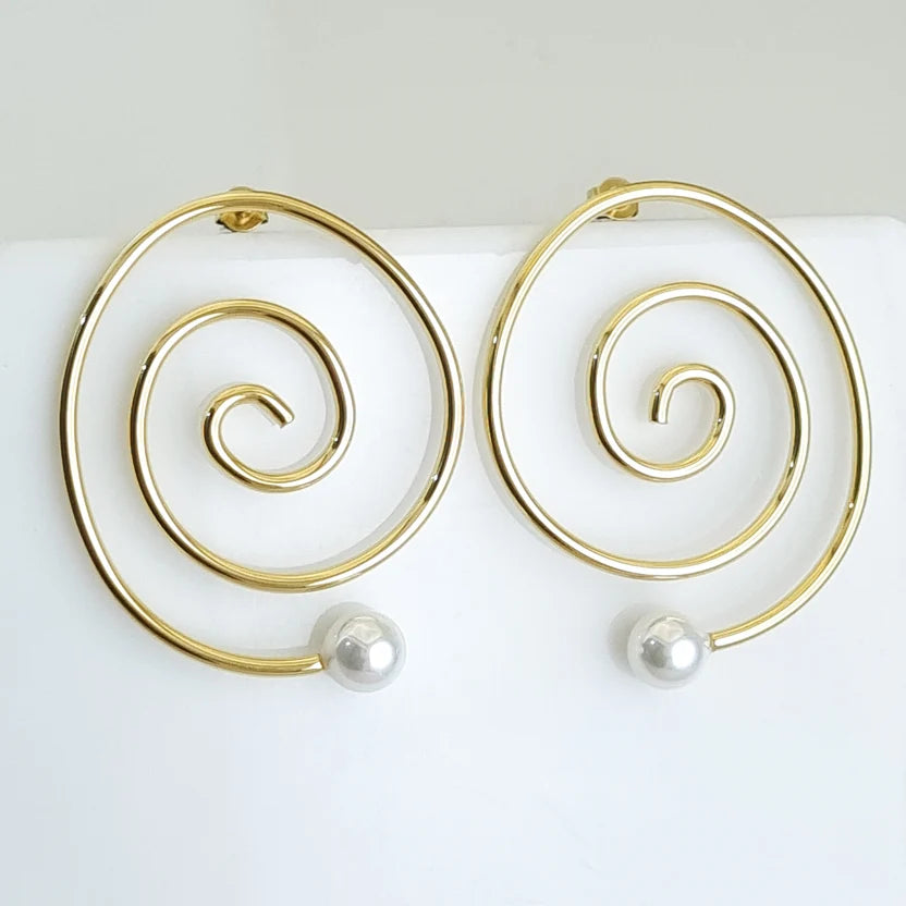 Gold Spiral Pearl-Tip Hoop Earrings