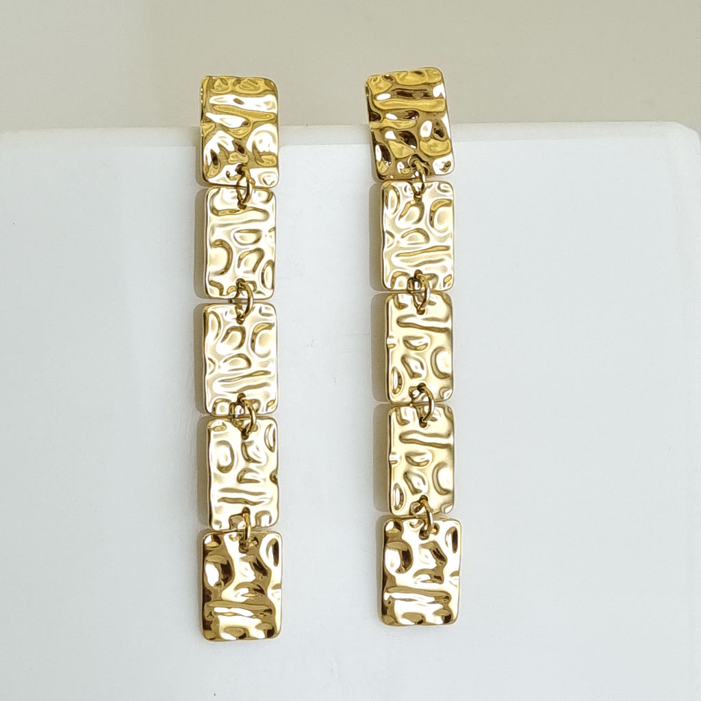 18K gold-plated drop earrings, hammered gold statement earrings, waterproof gold dangles, hypoallergenic tiered earrings, sculptural linear earrings, textured gold jewelry.