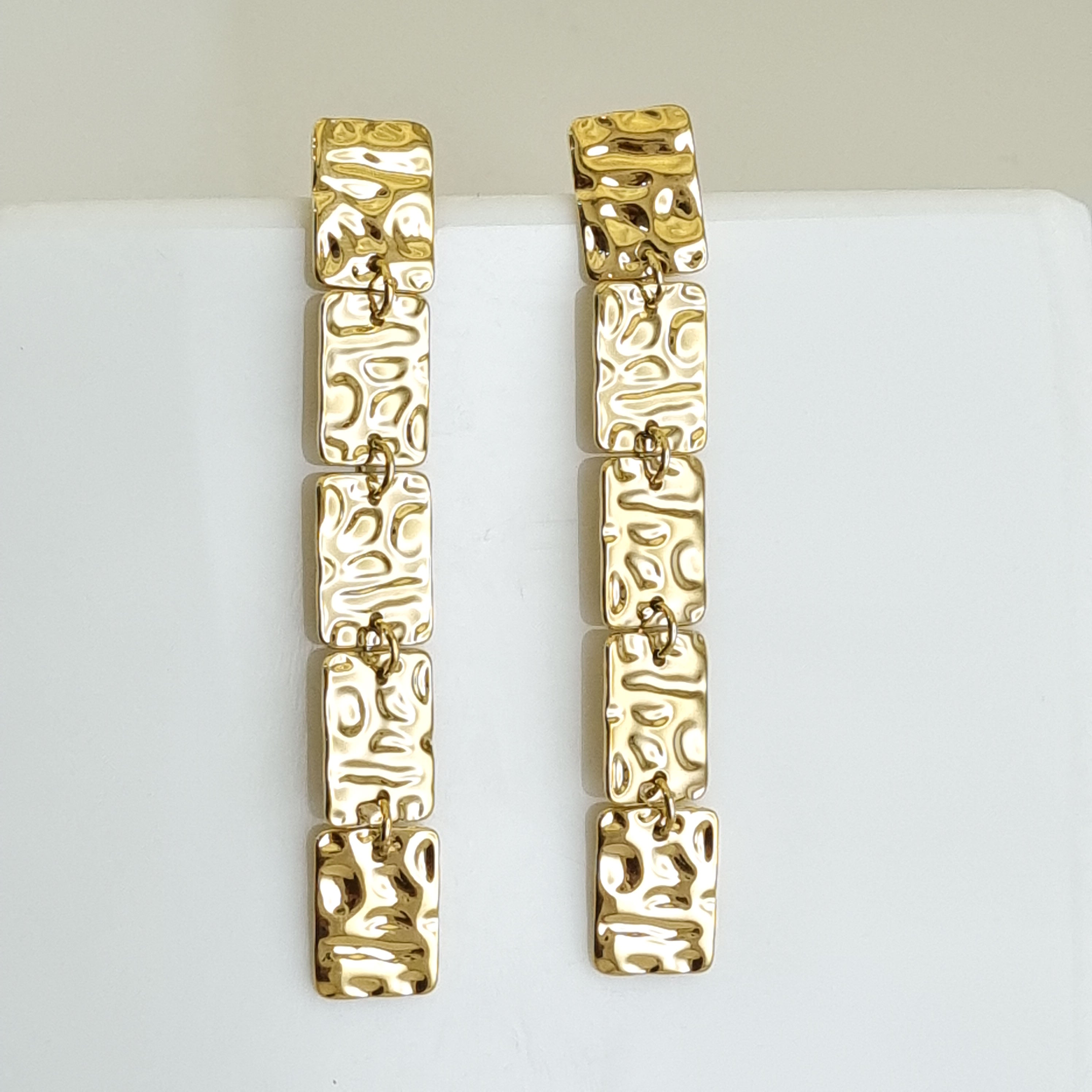 18K gold-plated drop earrings, hammered gold statement earrings, waterproof gold dangles, hypoallergenic tiered earrings, sculptural linear earrings, textured gold jewelry.