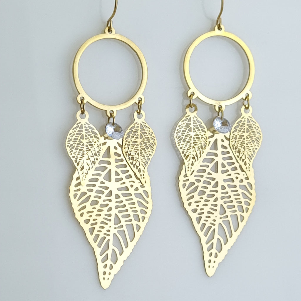 18K gold-plated leaf earrings, waterproof gold dangles, anti-tarnish filigree jewelry, hypoallergenic luxury earrings, sculptural botanical earrings, laser-cut gold drops.