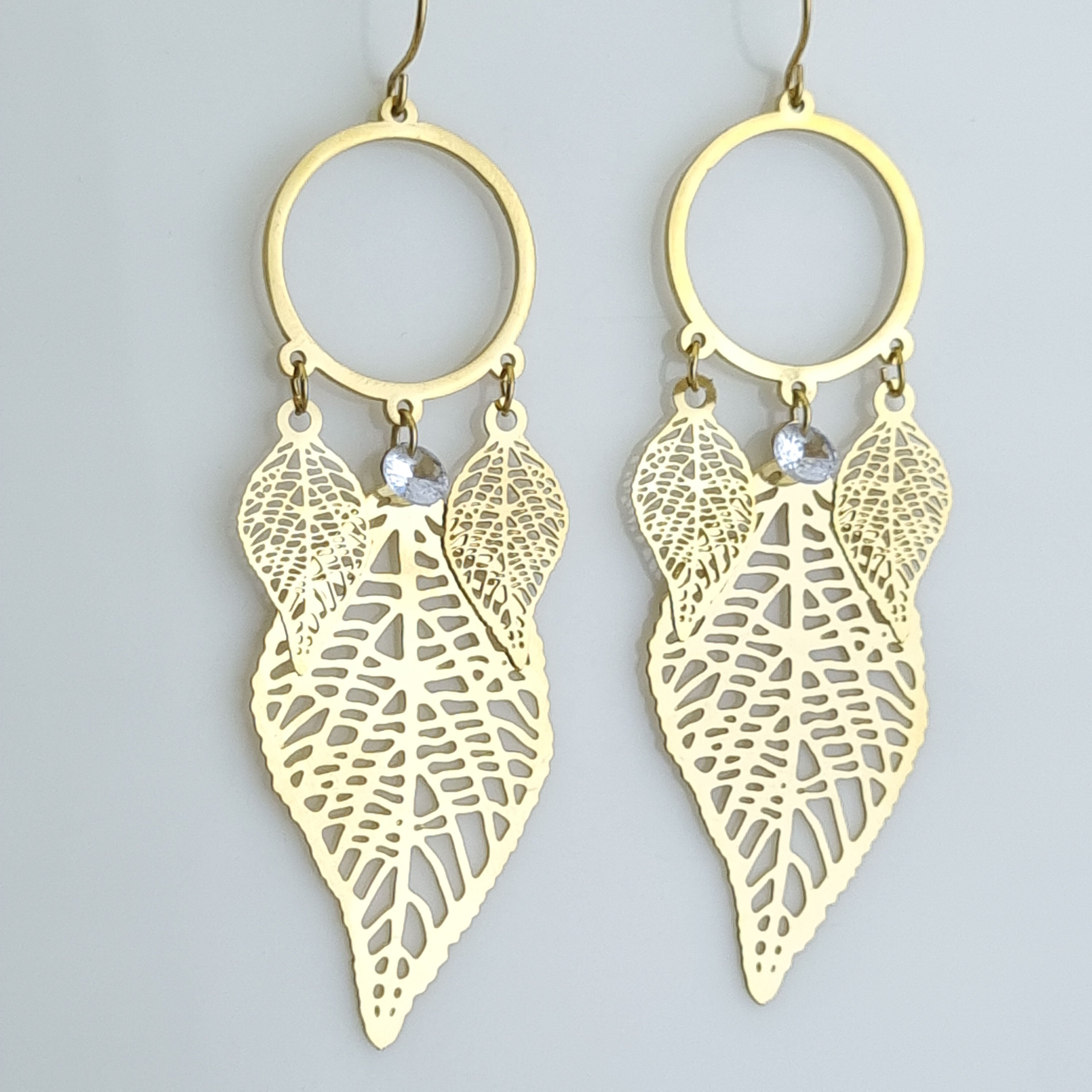 18K gold-plated leaf earrings, waterproof gold dangles, anti-tarnish filigree jewelry, hypoallergenic luxury earrings, sculptural botanical earrings, laser-cut gold drops.