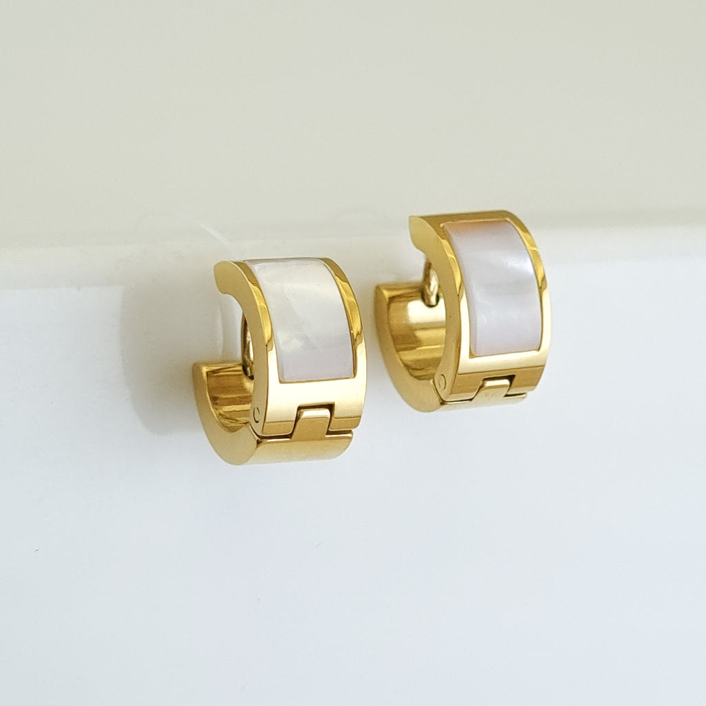 18K gold-plated micro huggies, waterproof gold earrings, anti-tarnish inlay hoops, hypoallergenic luxury jewelry, small geometric hoops, rectangular gold huggies.