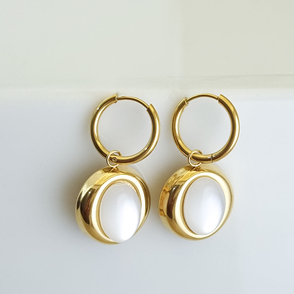 18K gold-plated moonstone earrings, waterproof gold drops, anti-tarnish statement earrings, hypoallergenic luxury jewelry, sculptural moonstone earrings, celestial drop earrings.