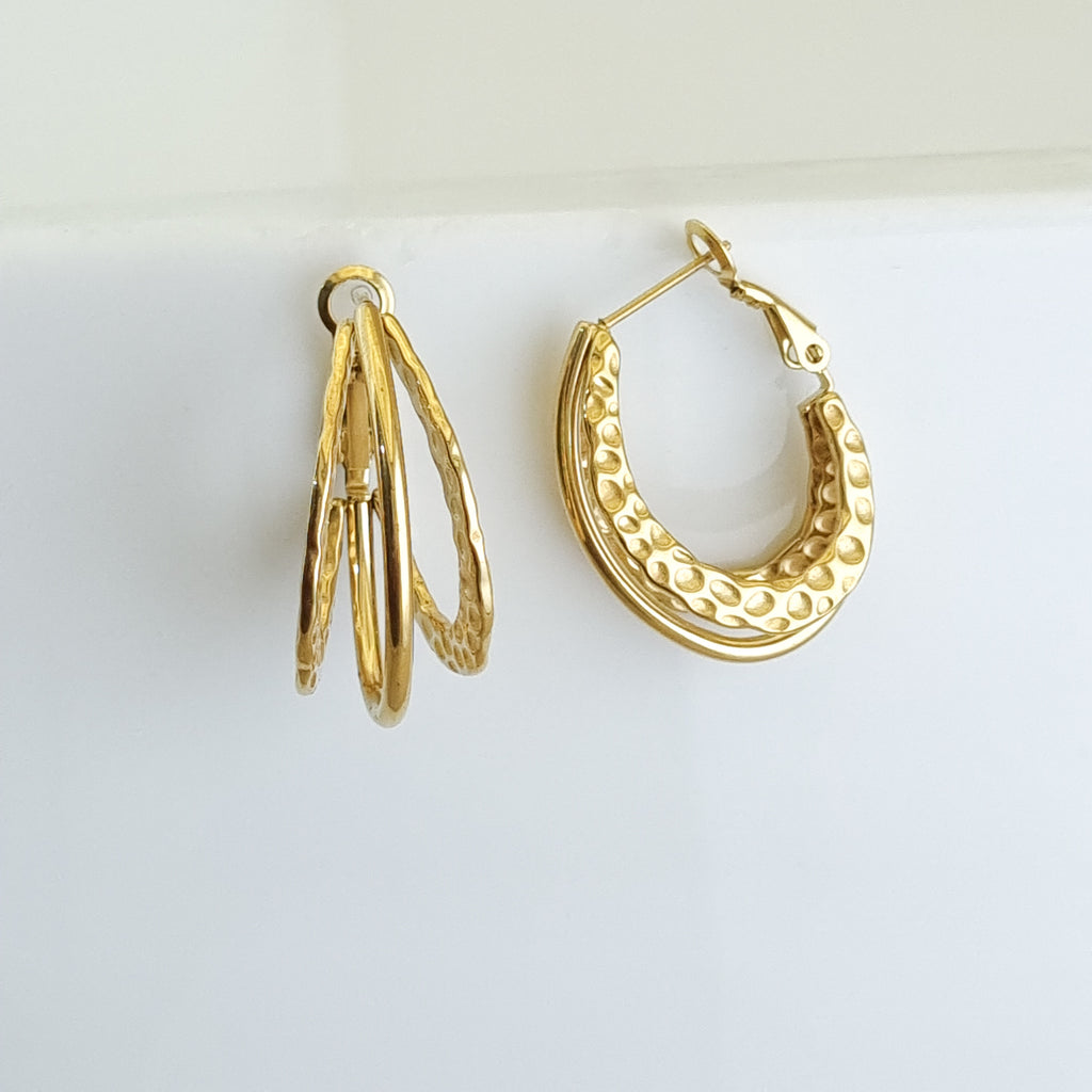 18K gold-plated triple hoops, waterproof gold earrings, anti-tarnish statement hoops, hypoallergenic luxury jewelry, sculptural hammered earrings, multi-band gold hoops.